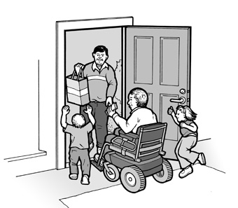 A restaurant provides home delivery to a family who is not able to dine in the restaurant due to barriers.